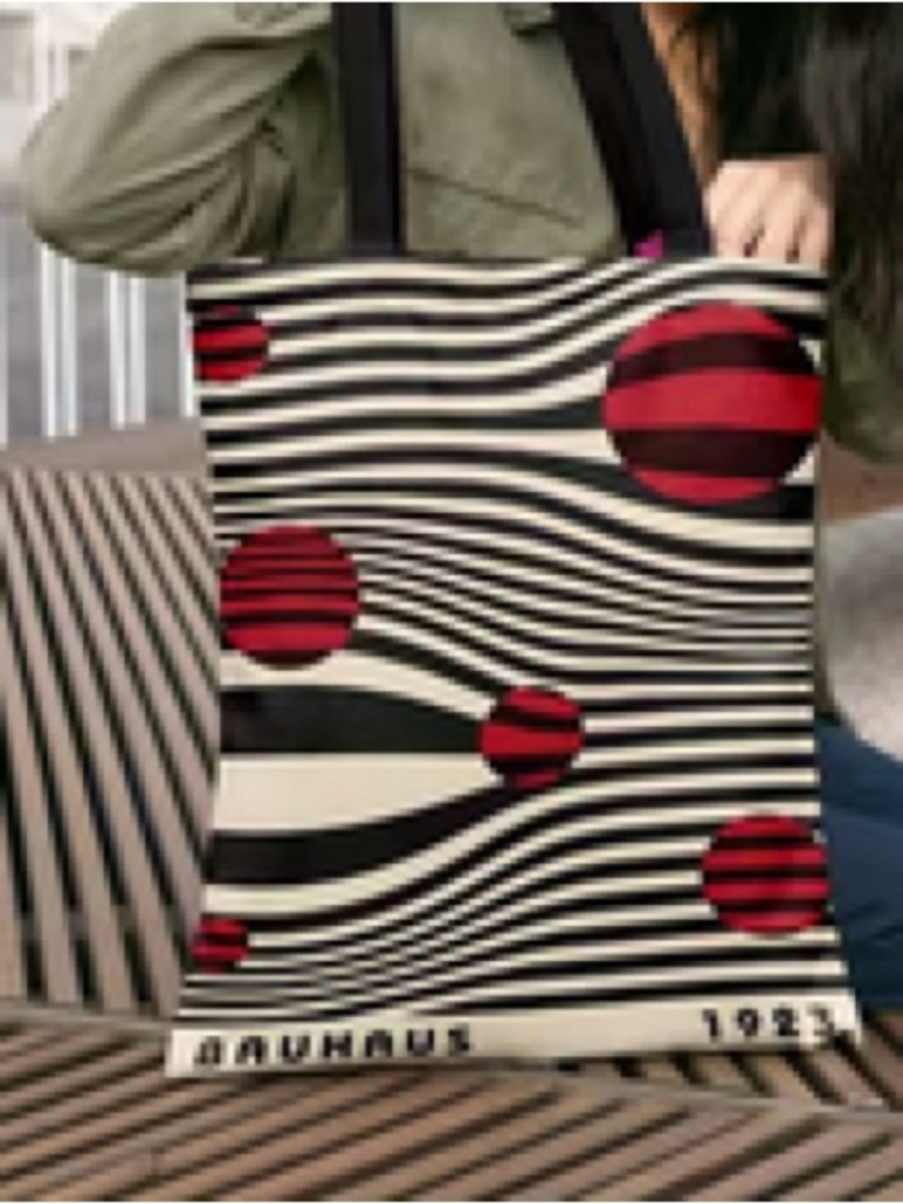 Black & Red Striped Wave Print Tote Bag